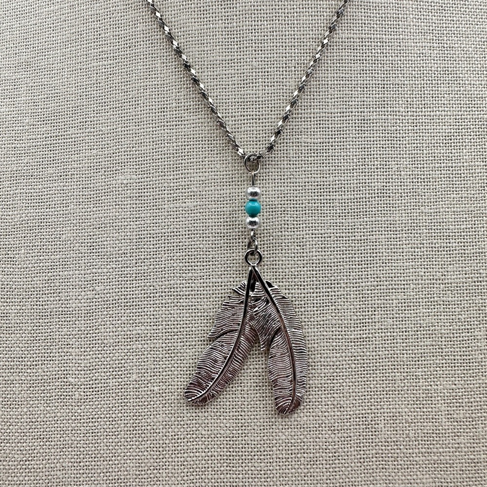Vintage 90s Silver Tone Double Feather Pendant Necklace with Turquoise